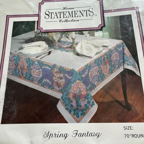 Vintage New Easter Egg Floral 70" ROUND Tablecloth Spring Fantasy Purple Green - Picture 2 of 12